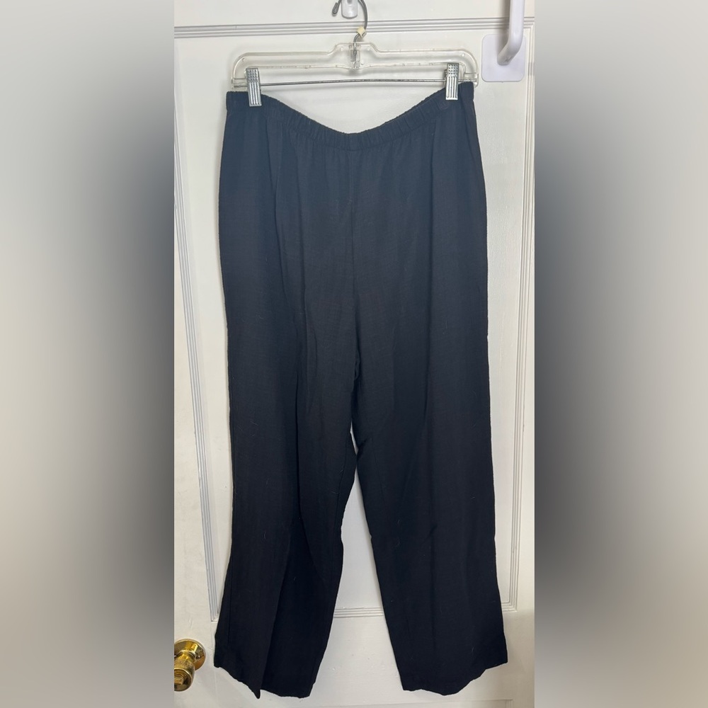Eileen Fisher Petite Black Crinkle Textured Wide Leg Pull-On Pants Petite Large